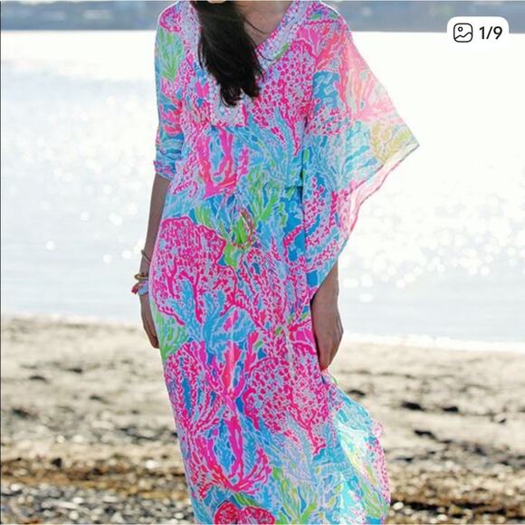 Lilly Pulitzer Coleman Caftan Let’s Cha Cha Size Small Pink Beaded Maxi RARE - Picture 13 of 13